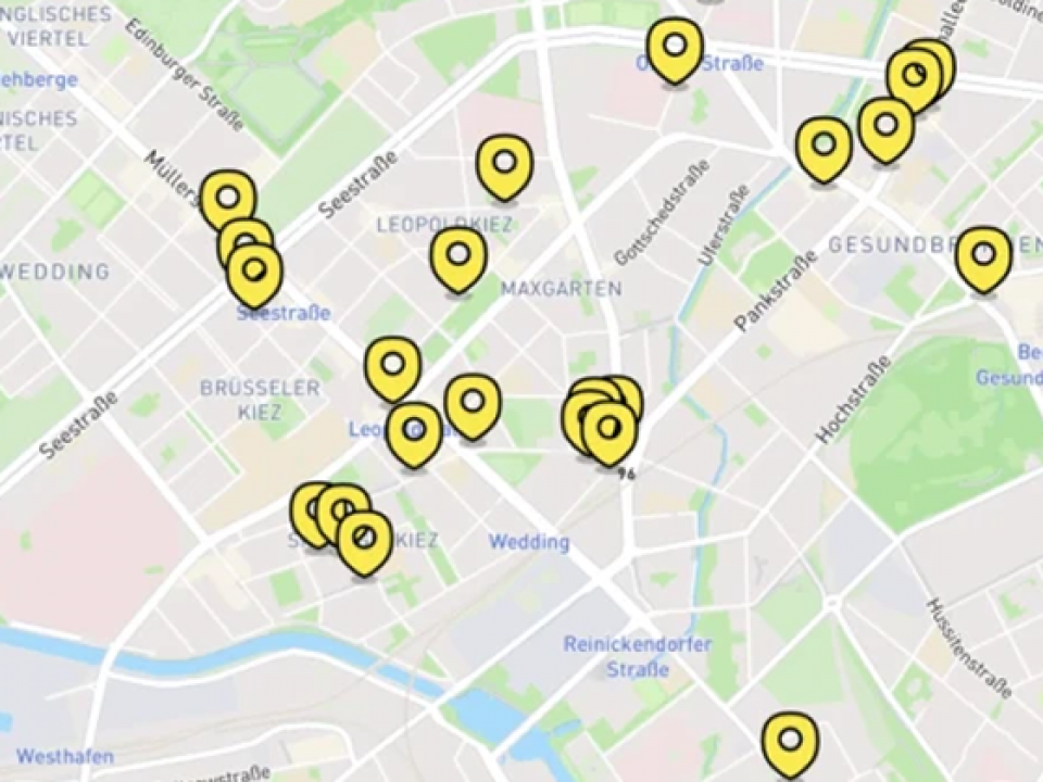 A screenshot of a map showing various pin-points around Berlin